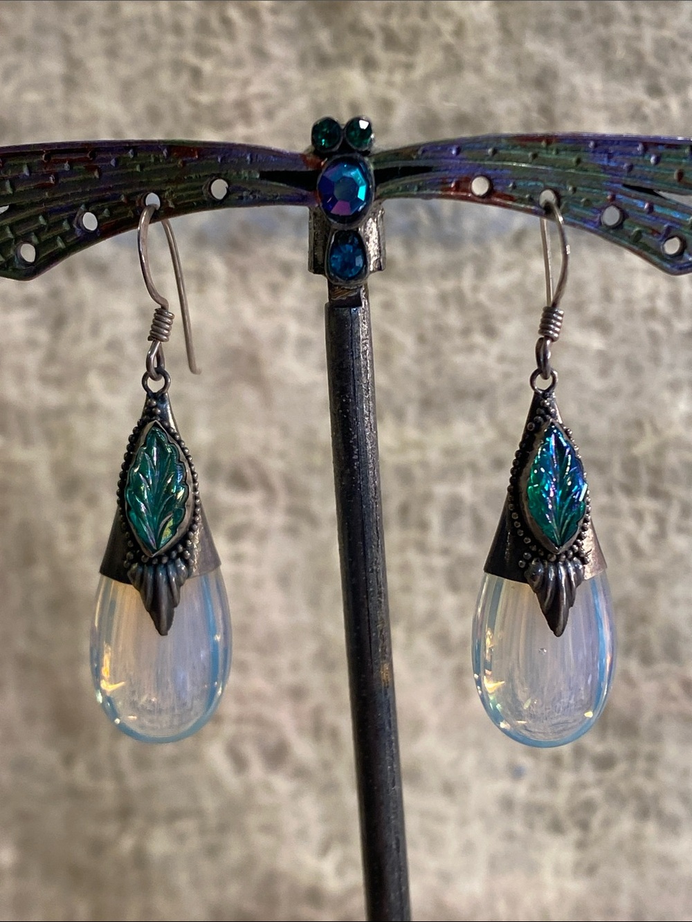 Vintage Sterling Silver Opalite Art Nouveau Style Earrings – 925 Leaf Dangles